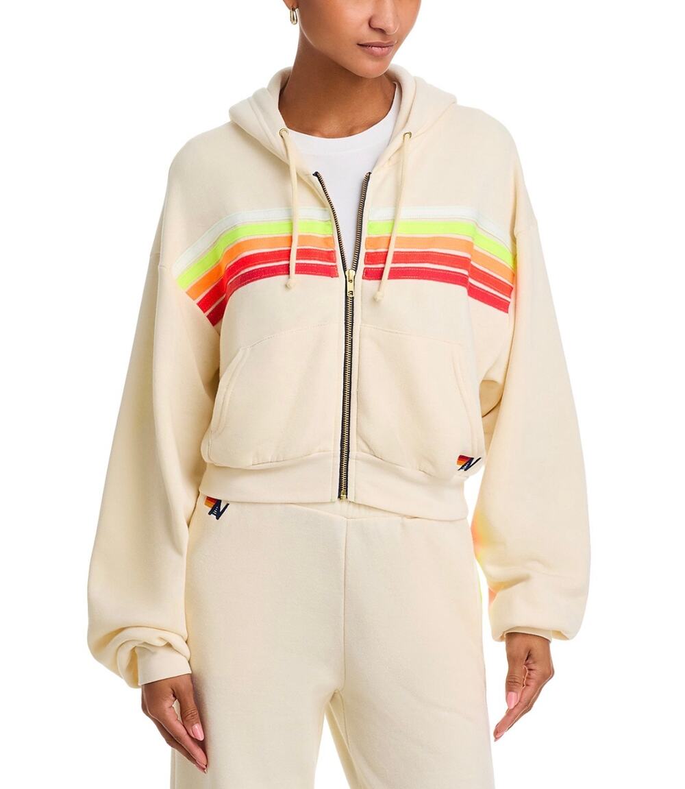 Aviator Nation 5-Stripe Cropped Zip Hoodie in Vintage White and White Neon